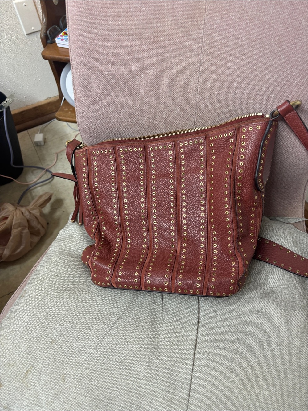 Studded Crossbody Bag in Distressed Brick Red